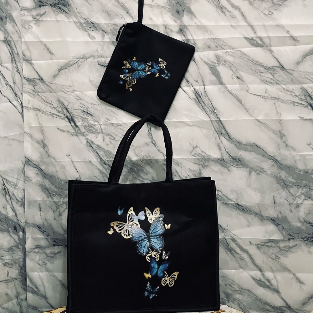 Elegant Black and Blue Floral Tote Set